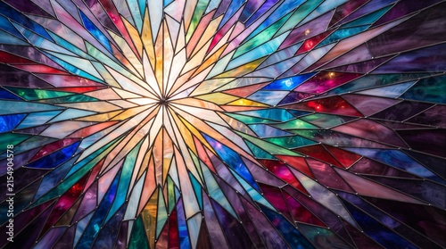 Intricate stained glass window featuring a starburst pattern with a vibrant and colorful geometric design radiating from the center