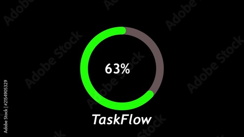 100 Percent taskflow Complete Green Progress Circle on Black Background