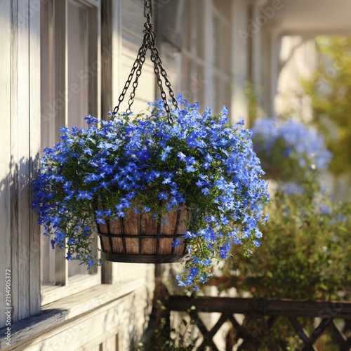 Hanging flower basket with blue petals by window