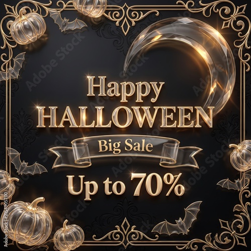 Happy halloween seventy percent off luxury sale promotion with glowing crescent moon and golden pumpkins in gothic frame halloween crescent