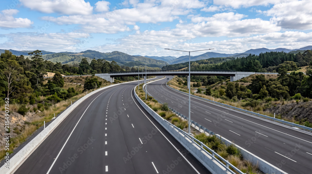 Obraz premium Scenic Highway with Cars Through Mountain and City Landscapes Under a Dramatic Sky