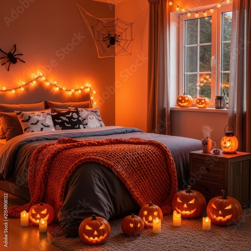 Cozy bedroom with lit jack o lanterns and warm lighting