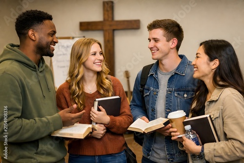 Diverse group of young adults discussing faith and scripture in a church setting