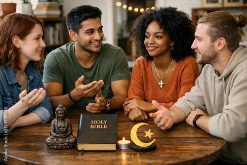 Diverse group discusses faith and spirituality respectfully around a table
