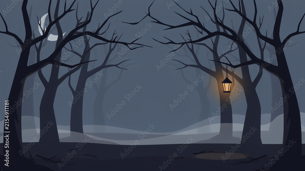 Naklejka premium Spooky dark forest background with hanging glowing lantern crescent moon and fog vector illustration