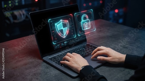 Person typing on laptop with cybersecurity shield and lock icons