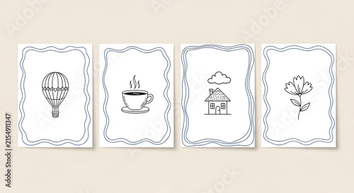 Set of minimalist line art and hand drawn doodles for boho wall decor including aesthetic illustrations and simple outline drawings of cozy elements