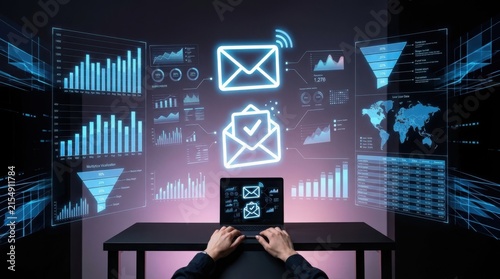Person using tablet with email icons and futuristic analytics