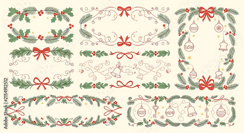 Elegant set of handdrawn Christmas borders featuring holly berries decorative frames fir branches and red bows on a cream background