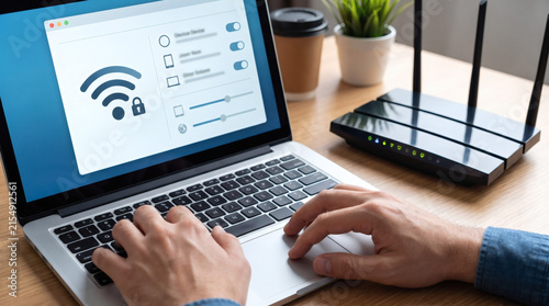 man configuring modern high speed wifi router security settings on laptop keyboard in home office environment