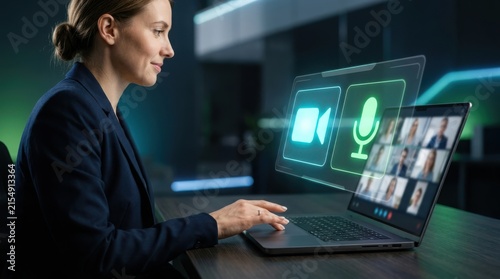 Woman using laptop with virtual microphone interface