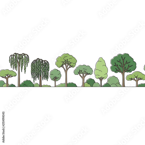 Nature A green tree forest border illustration in a vector style featuring a panoramic natural landscape of park foliage on white