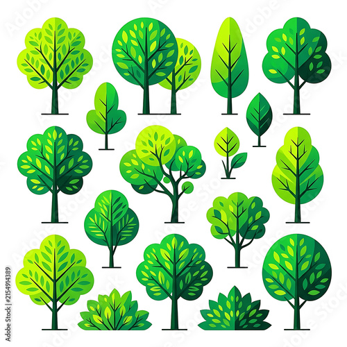 A comprehensive tree vector illustration set featuring flat green designs of diverse forest plants for ecological and nature projects