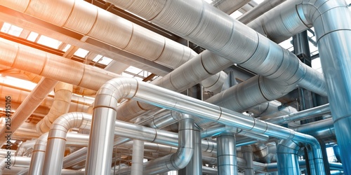 Complex industrial piping system with metallic textures and warm and cool lighting