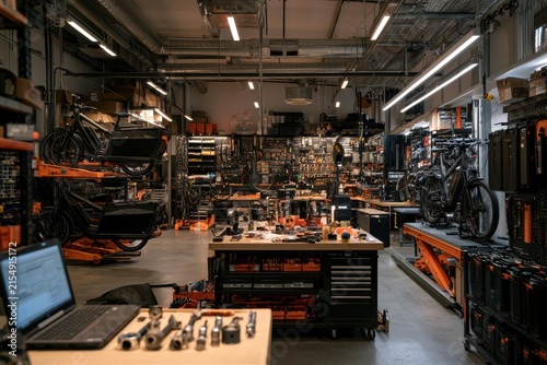 Large bicycle workshop with tools, workbenches, and bikes for assembly and repair