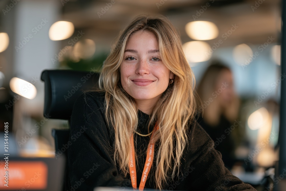 Obraz premium Young woman smiling while working in a bright, modern office environment