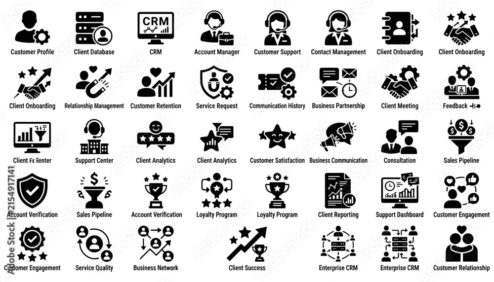 Obraz premium Customer Relationship Management Icons Set for Business Process and Client Engag