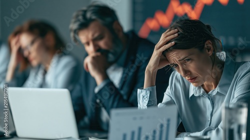 Business professionals with worried expressions during a financial downturn meeting with charts in the foreground
