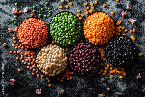 Colorful variety of lentils, beans, and legumes in bowls on dark background with scattered grains and flower petals