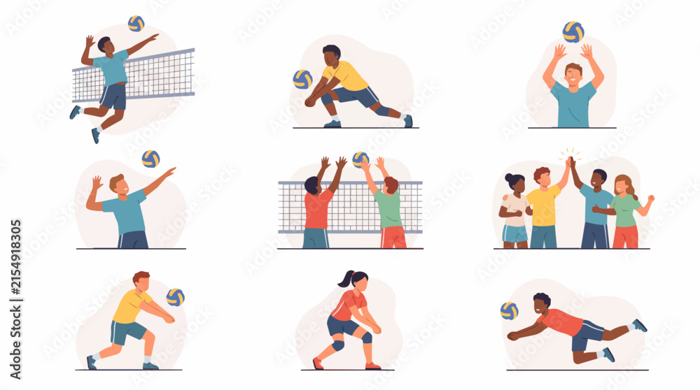 Fototapeta premium Diverse group of people playing volleyball in various actions and celebrating success