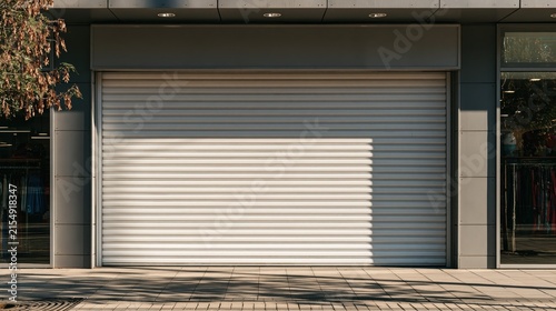 Closed metal storefront shutter with sunlit pattern during daytime exterior view