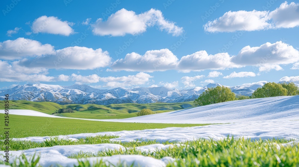Obraz premium First snowfall covering fresh green grass in a scenic alpine landscape, with snowflakes falling under warm sunlight and dramatic clouds, creating a beautiful early winter atmosphere.
