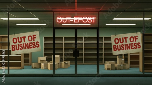 Empty storefront with neon 'Out of Business' sign and cardboard boxes during evening crisis