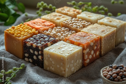 Assorted handmade artisan soap cubes with decorative beads on textured fabric in natural light
