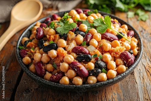 Chickpea kidney bean salad with black beans, fresh herbs, onion, and tomato on rustic wooden table