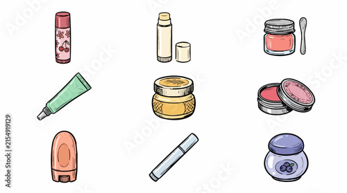 Collection of cosmetic and beauty products in various containers including tubes jars and applicators