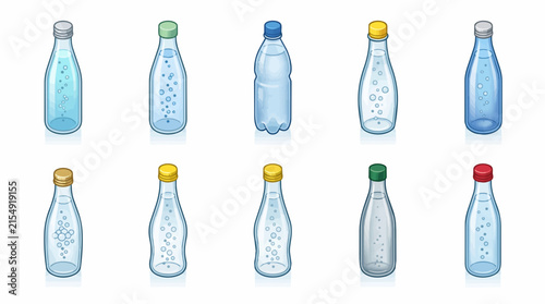 Collection of assorted water bottles with different caps and bubbly liquid inside