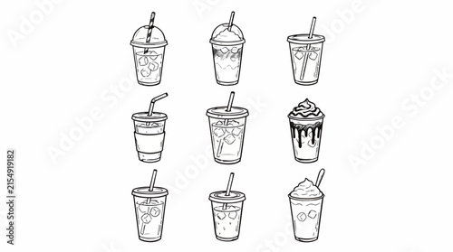 Collection of Hand Drawn Ice Coffee Drinks in Disposable Cups with Straws and Lids