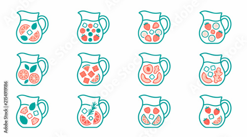 Collection of twelve pitchers filled with various fruits and herbs for refreshing summer drinks