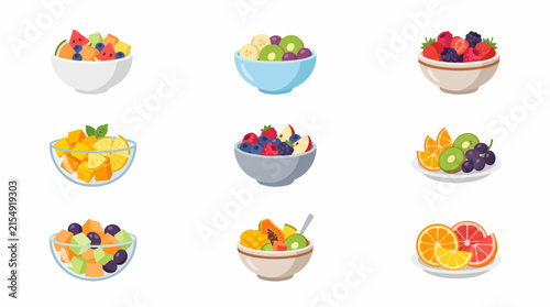 Collection of nine colorful fruit bowls and plates with various fresh fruits