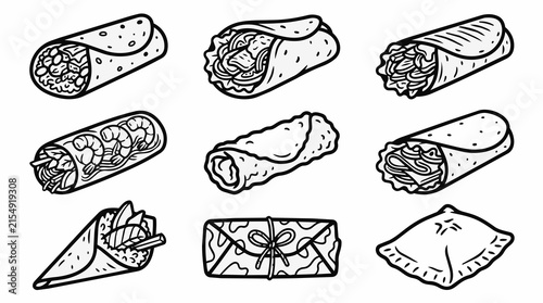 Collection of Hand Drawn Wraps and Spring Rolls in Outline Style