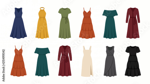 Collection of Womens Dresses in Various Styles and Colors Isolated on White Background