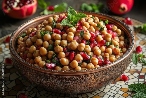 Chickpea and pomegranate salad with fresh mint in ornate bowl on mosaic table, healthy vegan mediterranean cuisine