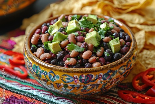 Mexican bean salad with avocado and cilantro in colorful bowl on traditional textile with tortilla chips