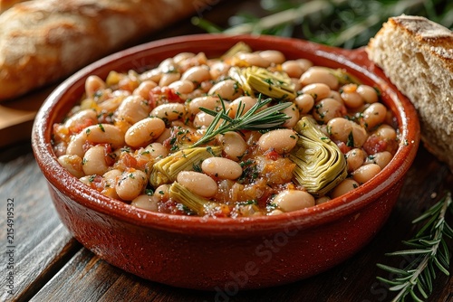 Rustic white bean and artichoke stew with rosemary garnish in ceramic bowl on wooden table