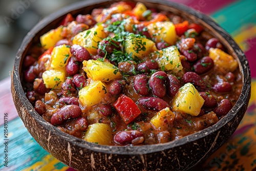 Colorful pineapple bean salad in coconut bowl with fresh herbs on vibrant table setting