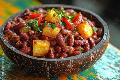 Healthy kidney bean salad with pineapple and herbs in rustic coconut bowl on colorful wooden table