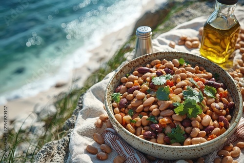 Mixed bean salad with fresh cilantro and olive oil on a sunny beach picnic table by the seaside