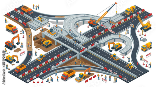Isometric highway construction site with road building machinery