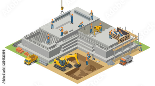 Isometric Construction Site with Workers and Machinery