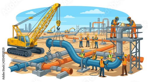 Industrial Construction Site with Workers and Heavy Machinery