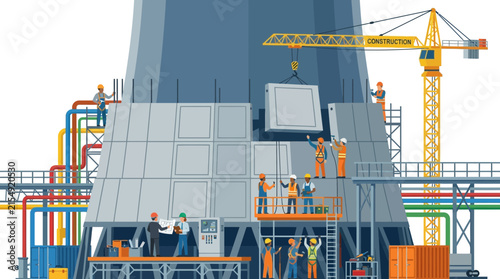 Industrial Construction Site with Cooling Tower and Workers