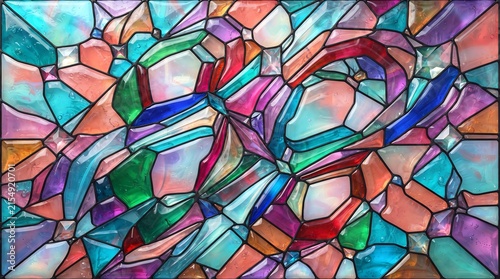 A vibrant and colorful abstract stained glass mosaic pattern with varying shapes and sizes of translucent glass pieces