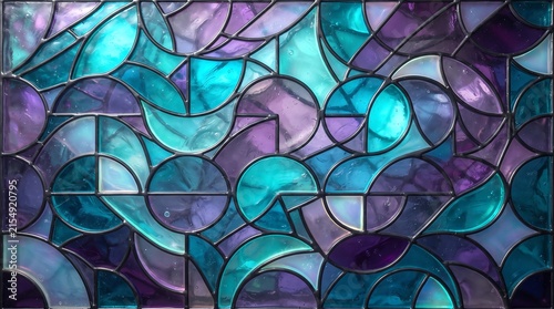 Abstract stained glass window panel featuring swirling geometric shapes in teal and purple hues with dark metal framing