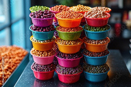 Assorted colorful beans in stacked vibrant bowls on kitchen counter with natural light and modern decor