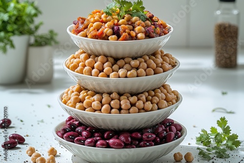 Stacked bowls filled with chickpeas and kidney beans in bright kitchen setting with fresh herbs